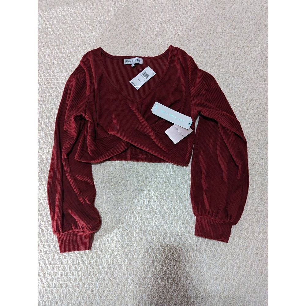 Almost Famous Womens Crop Sweater Twist Front Balloon Long Sleeve Rib Red XL NWT